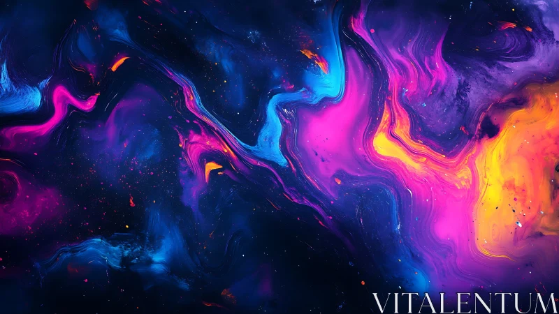 Neon cosmic swirls flow through deep indigo abstract space