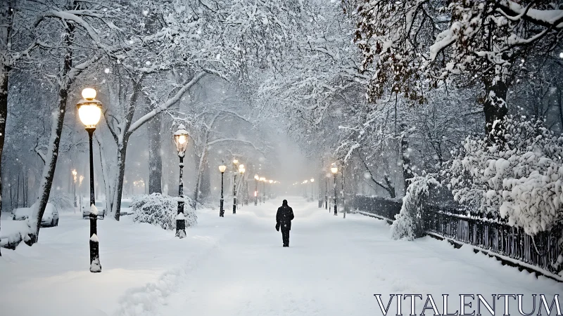 Quiet winter walk beneath softly glowing lamplights.