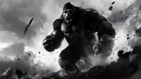 Colossal gorilla storms through shattered, smoke filled battlefield