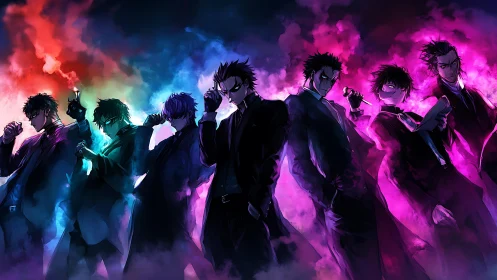 Seven suited anime men stand in colored smoke clouds