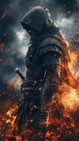 Cloaked warrior in inferno with cinematic dramatic lighting.