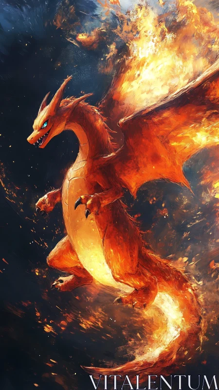 Inferno-hearted dragon strides through a storm of sparks