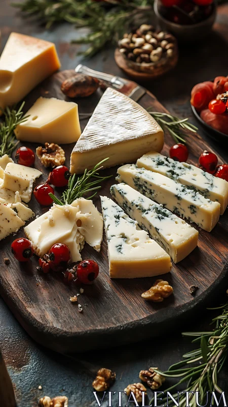 Cheese assortment on wooden board with nuts and berries.