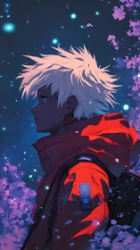 Starlit wanderer listens quietly as cherry petals fall