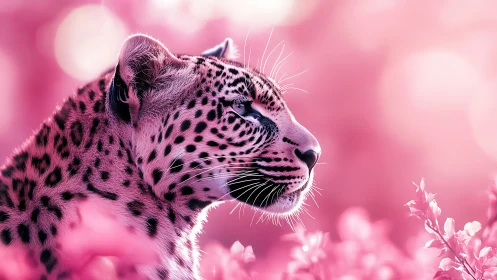 Pink Toned Leopard Profile Against Botanical Background