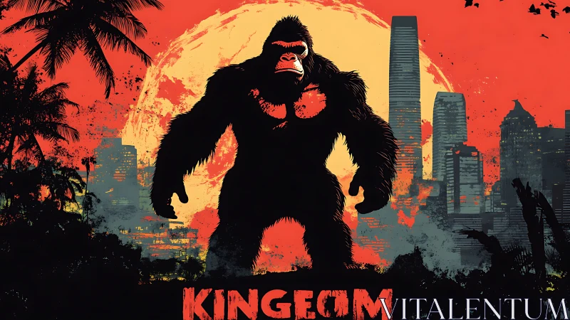 Mighty gorilla towers over a glowing city at fiery sunset