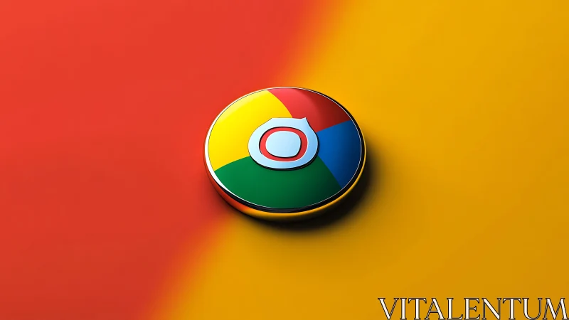 Chrome-style circular logo rests on split red-yellow field