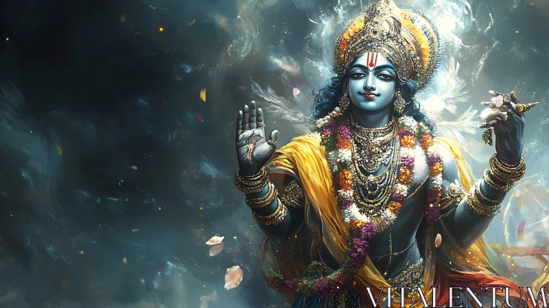 Divine blue deity with ornate crown, garlands and cosmic aura