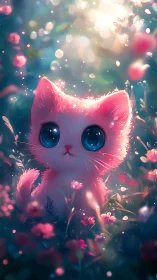 Enchanted Pink Kitten Surrounded by Magical Flowers and Light.