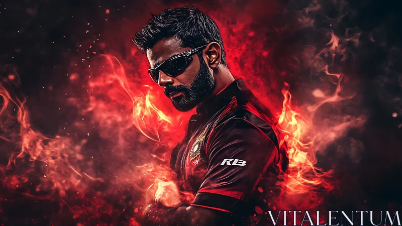 Confident sports hero emerges from swirling red flames