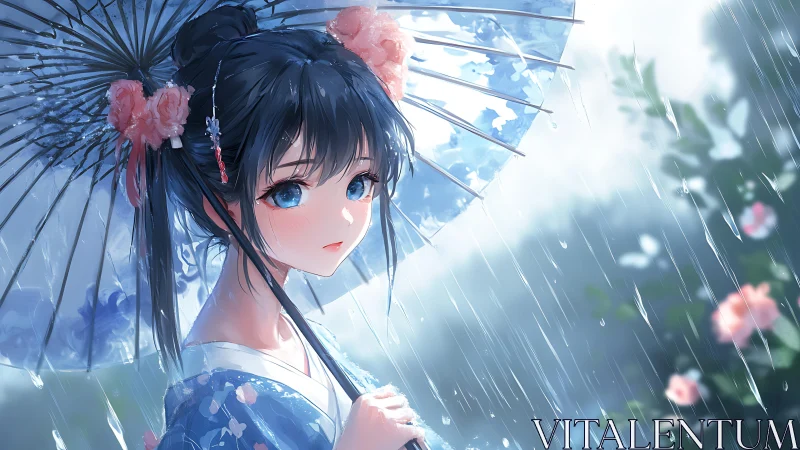 Anime rain portrait under floral umbrella with soft bokeh lighting.