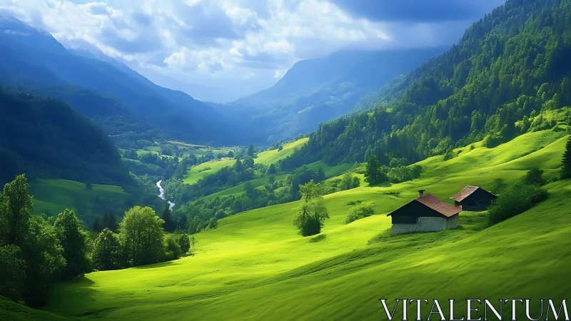 Sunlit alpine valley unfolds with bright meadows and cabins