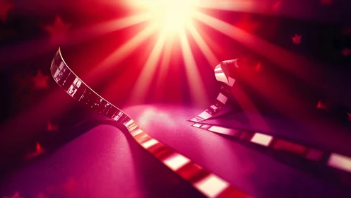 Curved cinema filmstrip under radiant red spotlight glow.