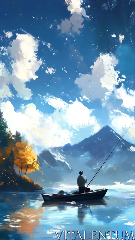 Solitary angler drifts beneath cloud mosaics and rising peaks