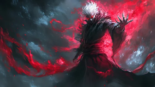 Dark robed figure amid swirling red and gray energy field.