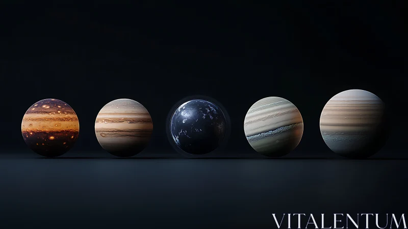 Silent planetary quintet poised on a cosmic midnight stage.