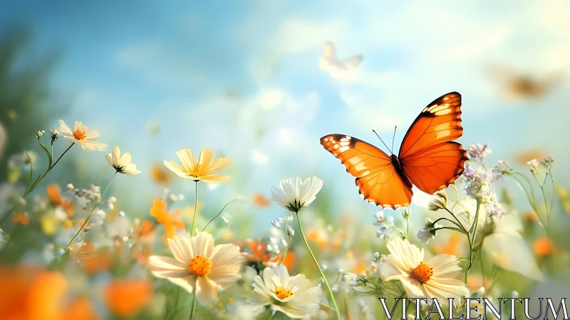 Sunlit monarch drifting above a daydream meadow bloomscape.