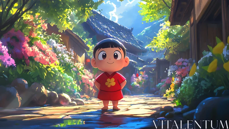 Smiling child explores a sunlit village lane in bloom