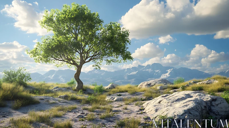 Solitary green tree under bright sky in rocky mountain field.