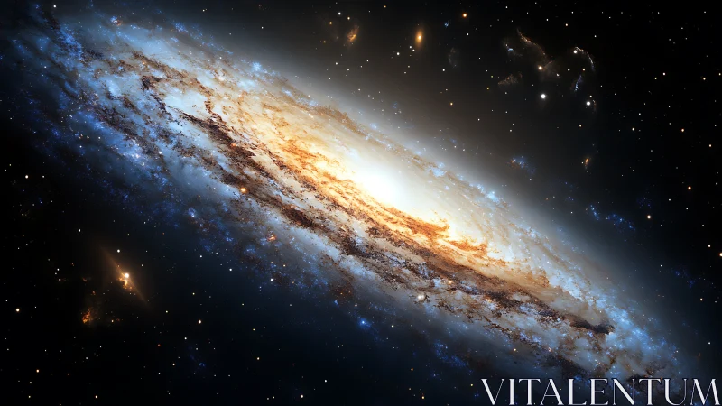 Spiral galaxy edge-on view with bright glowing star core.