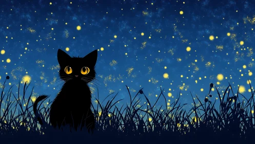 Luminous Feline Gazing Through Starlit Meadow.