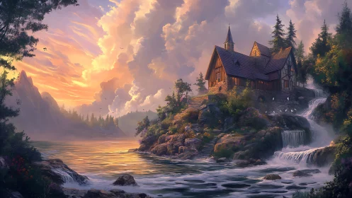 Timbered riverside chapel above cascading alpine waterfall