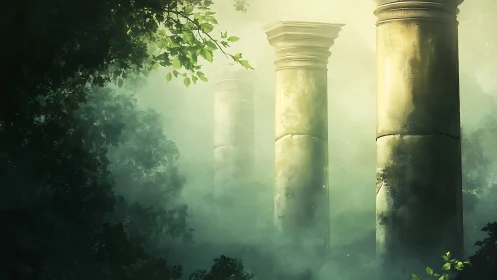Ancient stone columns rising through misty forest light.