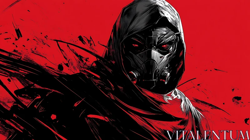 Hooded masked figure on red background with dark motion trails.