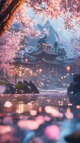 Cherry blossom garden framing lantern lit temple at dusk
