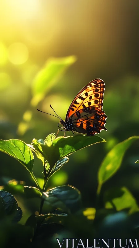 Orange butterfly on green foliage in soft backlighting.