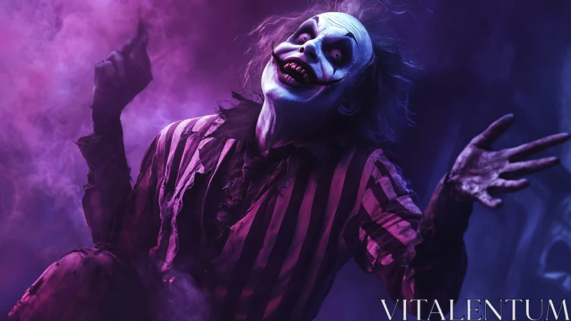 Horror clown portrait under magenta rim lighting in dense fog