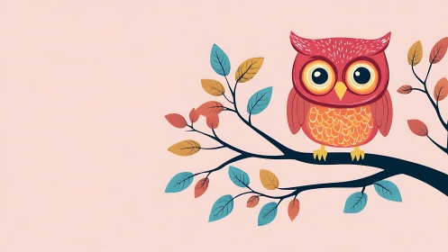 Whimsical cartoon owl on leafy branch, pastel background, playful style.