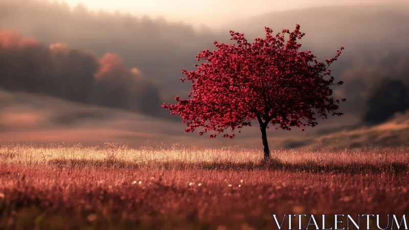 Solitary crimson tree glowing in a soft autumn meadow.