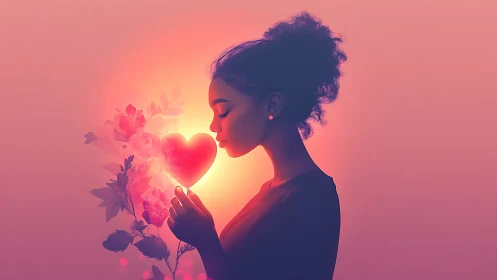 Woman Holding Glowing Heart with Luminous Flowers.