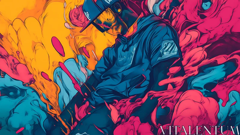 Digital painting of urban figure in neon fluid color fields.