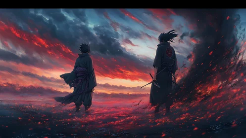 Samurai silhouettes confront under incendiary anime sky