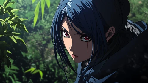 Steely eyed warrior hiding in quiet forest shadows.