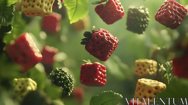 Cubed strawberries drift through soft green forest light.