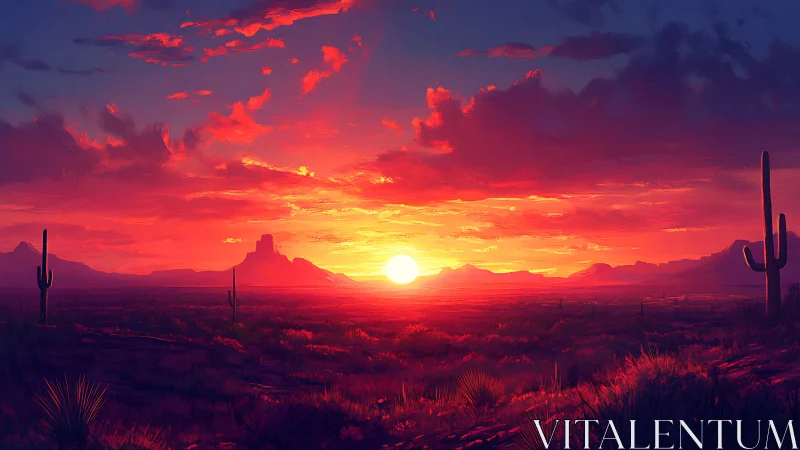 Radiant desert sunset glows warmly over quiet cactus plains