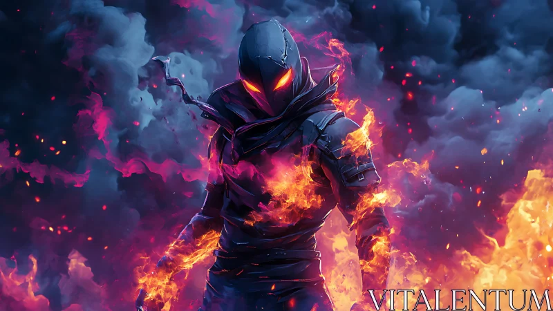 Hooded warrior in burning armor amid dense smoke clouds.
