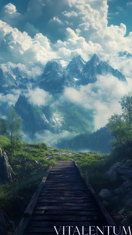 Wooden mountain path rises into luminous cloud-wrapped peaks