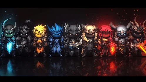 Heroic chibi warriors line up in glowing elemental armor