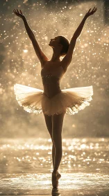 Golden-hour ballerina poised amid shimmering stardust light.