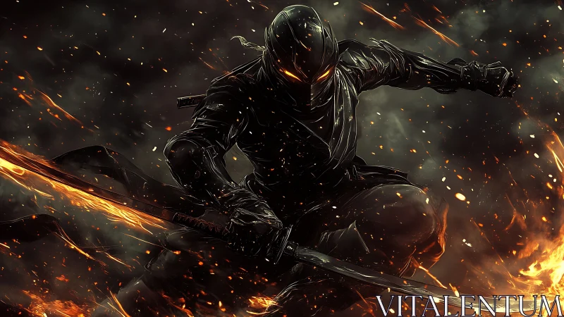 Flame-wreathed cyber ninja lunges through burning embers.