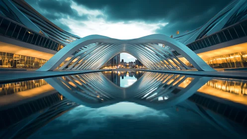 Photorealistic futuristic archway with mirrored water symmetries.