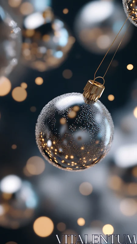 Frosted glass bauble glows amid soft golden bokeh lights
