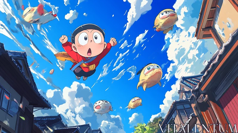 Dynamic anime boy with flying pufferfish above stylized rooftops