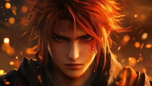 Intense red haired anime warrior amid glowing embers.