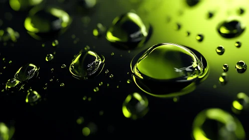 Neon green liquid droplets form sharp reflections on black