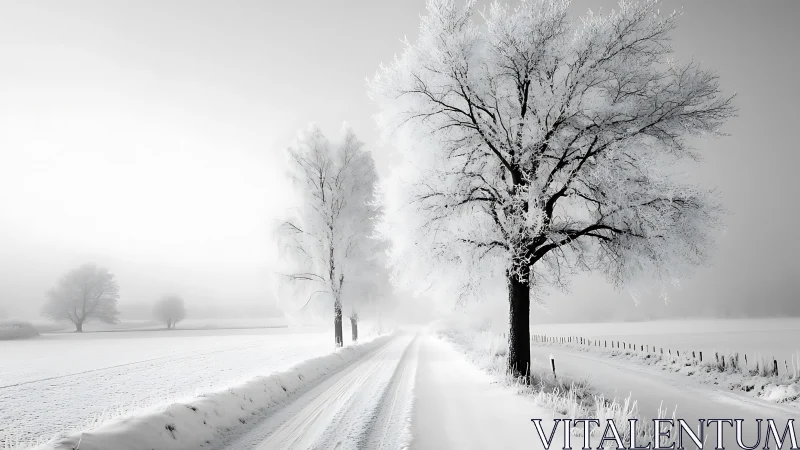 Minimalist winter roadway with frost-laden trees in misty light.